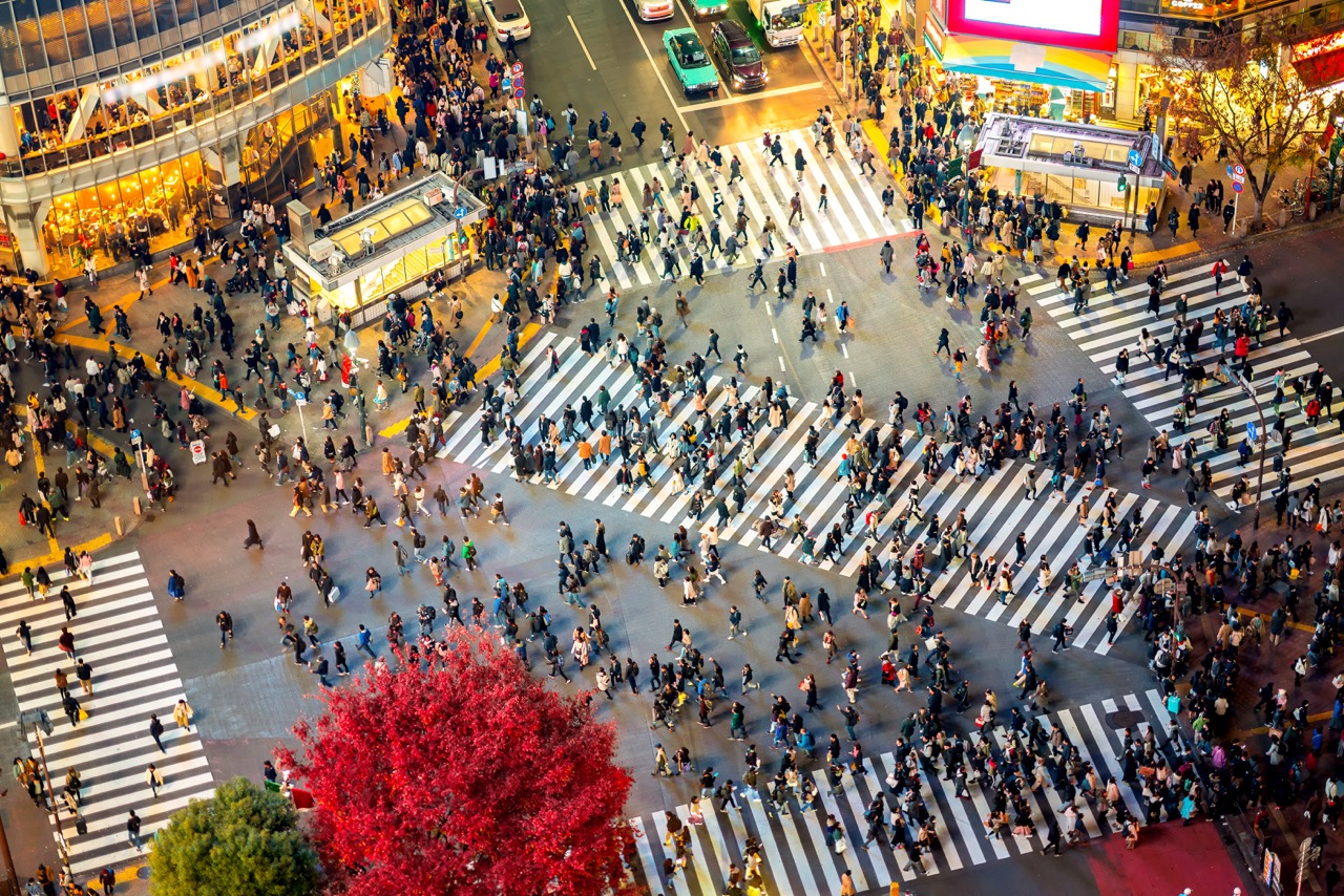 Aerial view of Shibuya Crossing with hundreds of pedestrians crossing multiple zebra crossings simultaneously, red tree in foreground