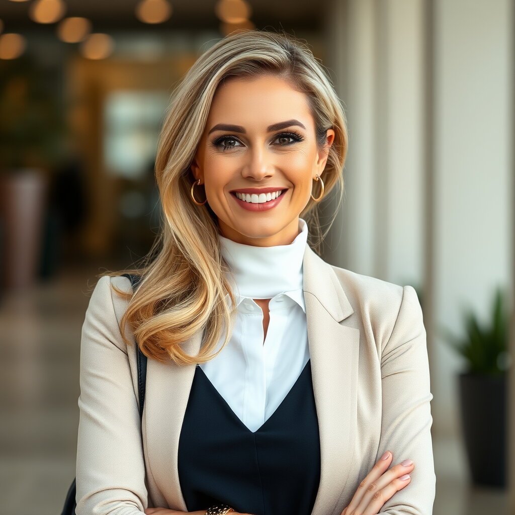 Professional woman in beige blazer smiling at camera in office setting