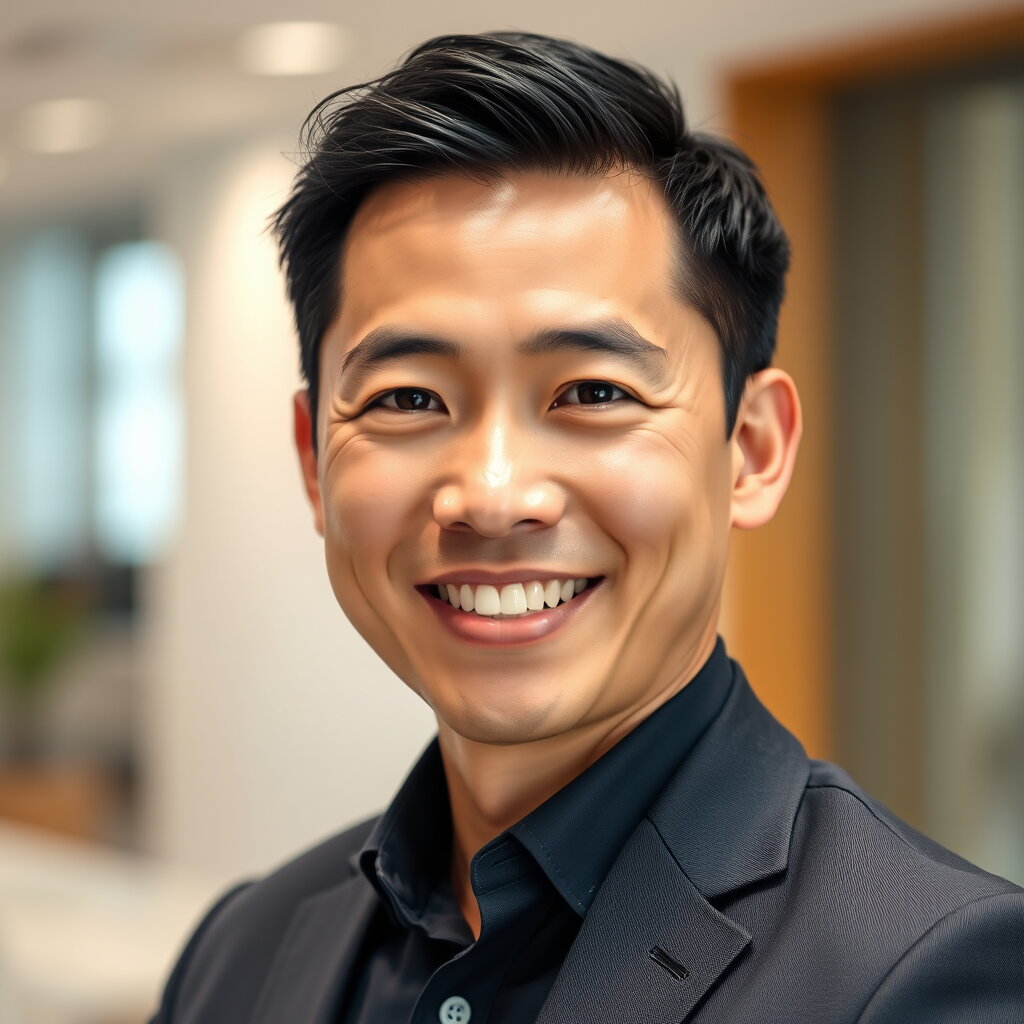 Man with black hair and warm smile wearing dark blazer in office setting