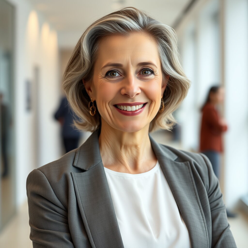 Professional woman in gray blazer smiling at office hallway