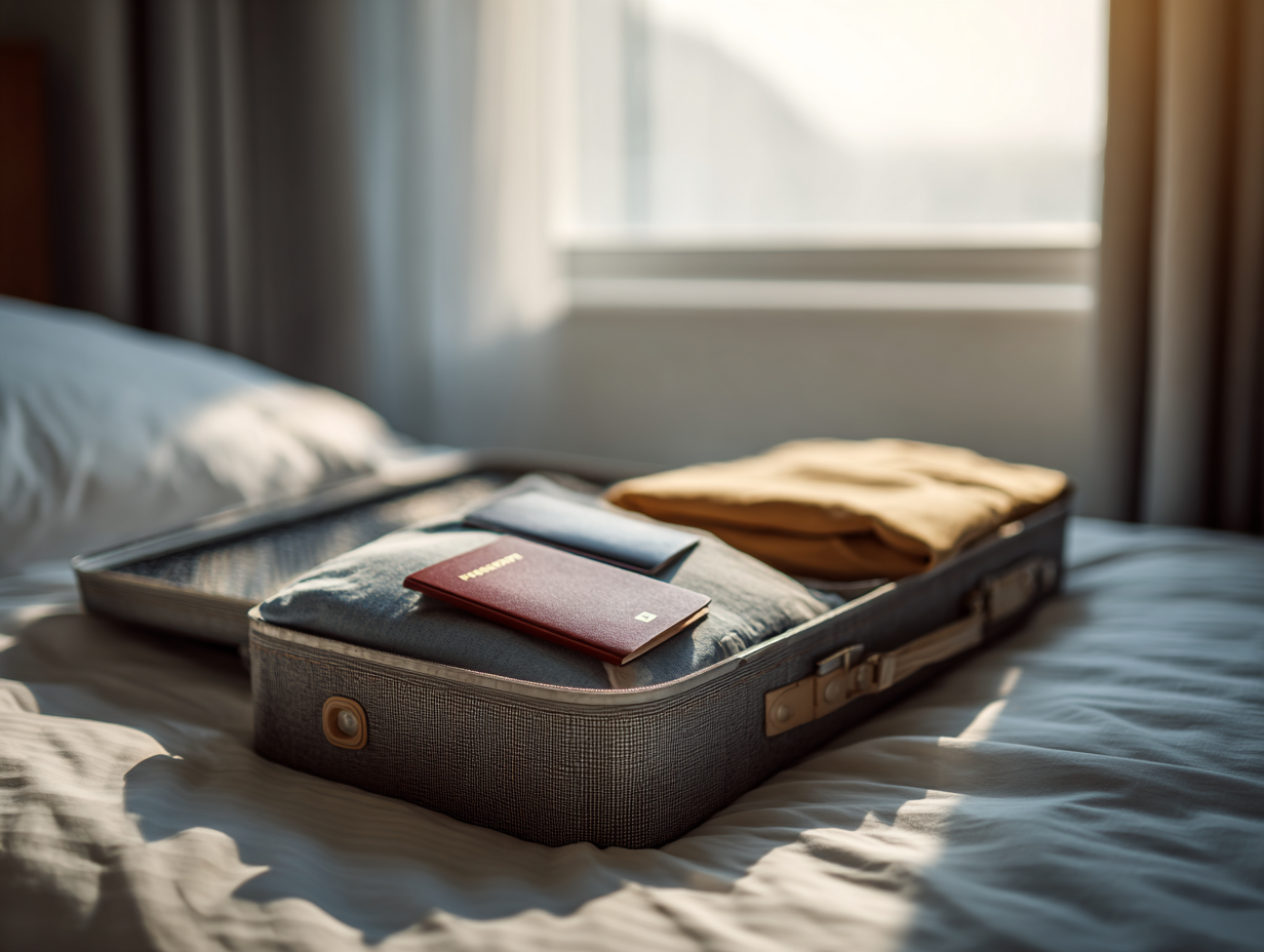 Open suitcase on bed with folded clothes and burgundy wallet, hotel window in background