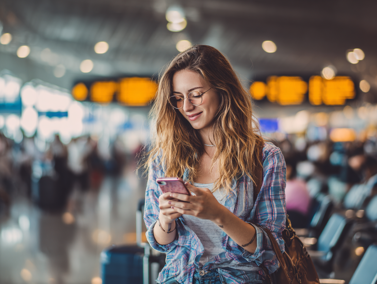Woman in glasses checking phone at airport terminal with departure board in background