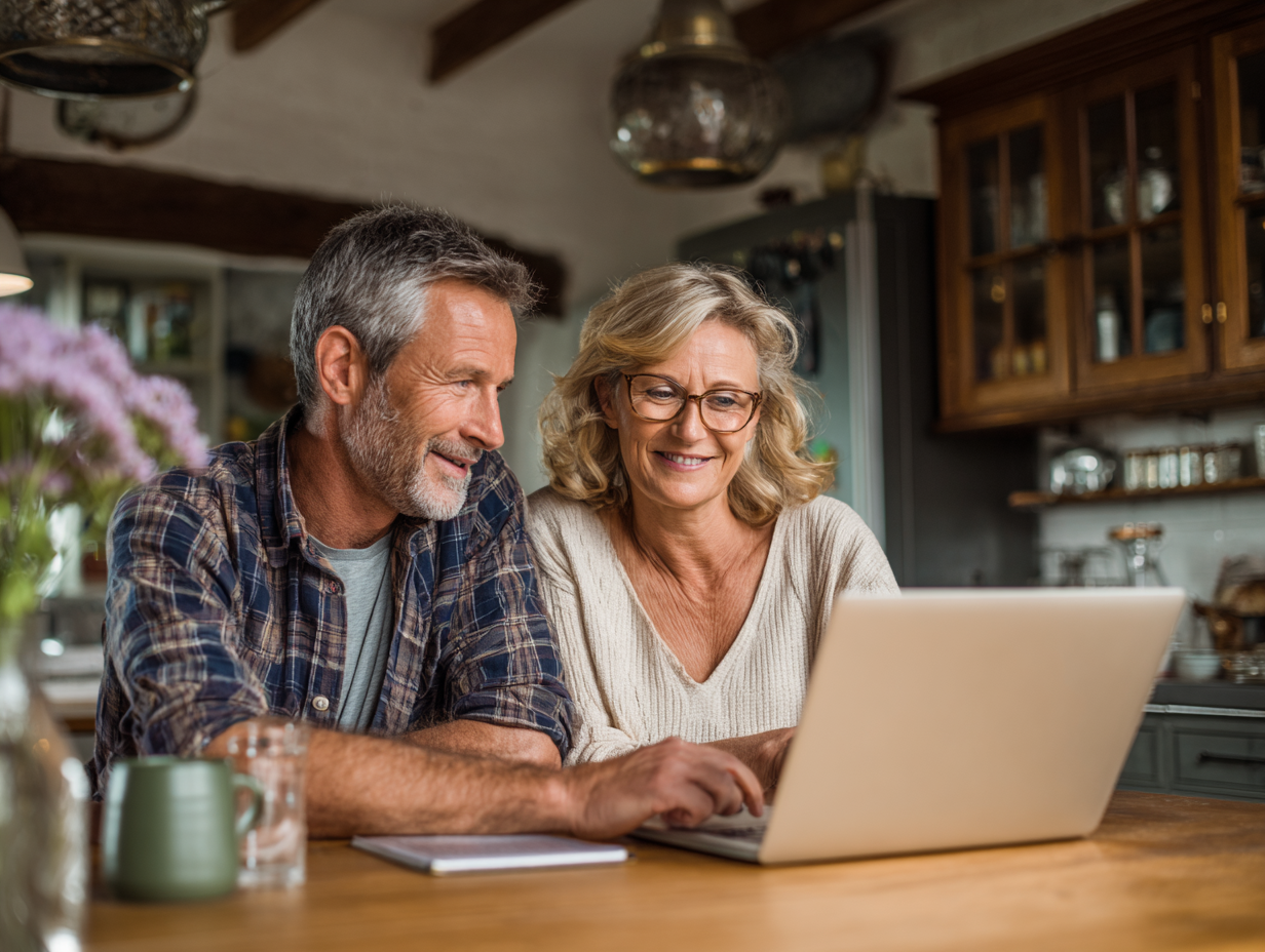Mature couple smiling while using laptop together at kitchen table