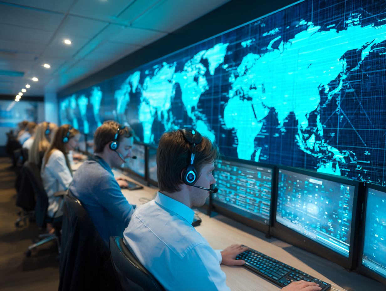 Global operations control center with headset-wearing staff monitoring world map and data displays