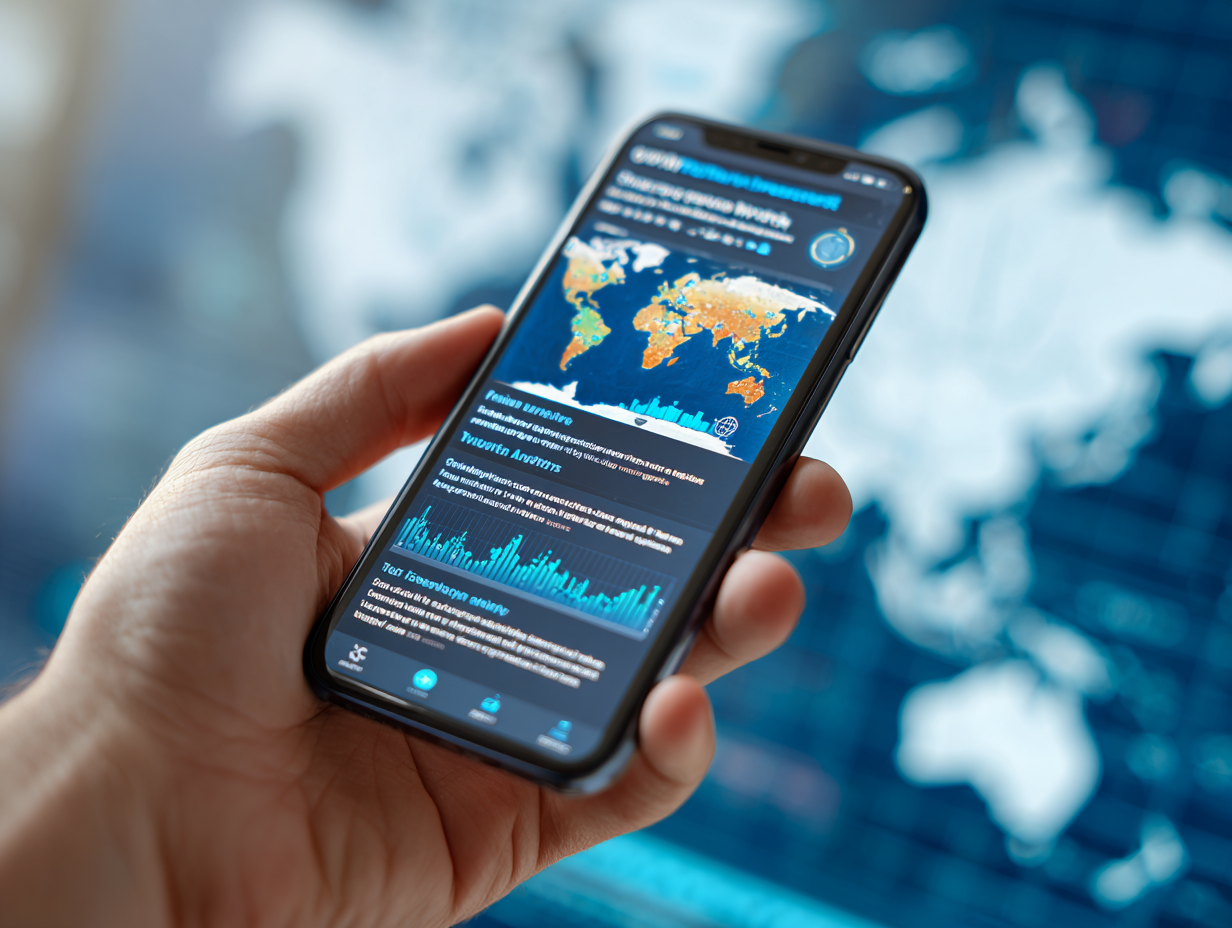 Hand holding smartphone displaying world map with travel advisory data and analytics charts on dark interface
