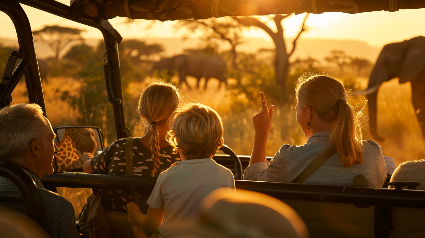 Family watching wildlife during golden hour safari game drive in Africa