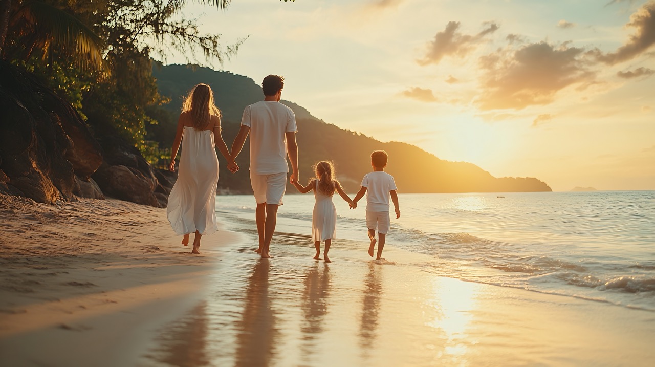 Family of four holding hands wading in ocean at sunset with mountains in background